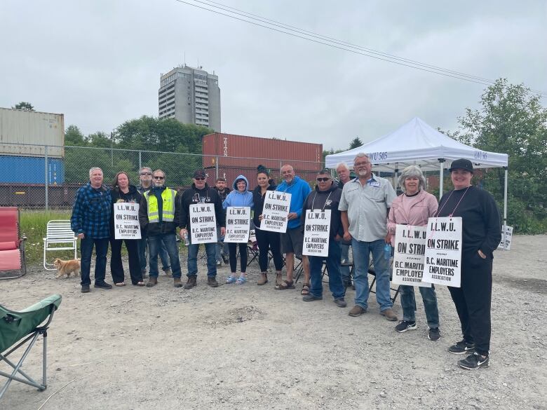 A line of workers hold up sandwich boards reading 'I.L.W.U. on strike against B.C. Maritime Employers Association'.