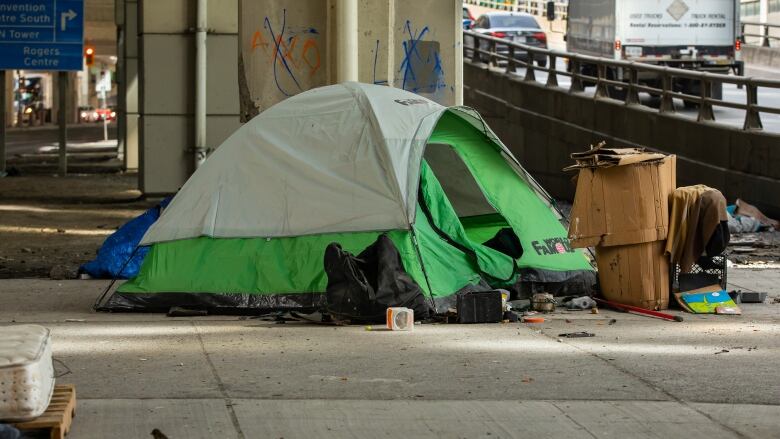 A green tent sits under the highway