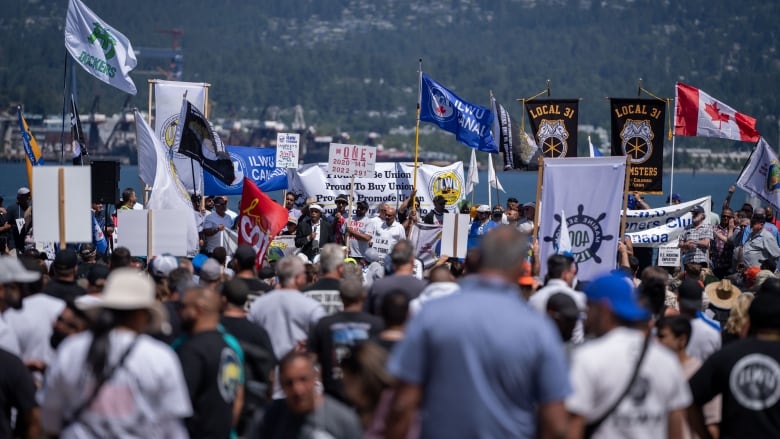 A large group of people, many carrying signs and flags, gather along the waterfront.