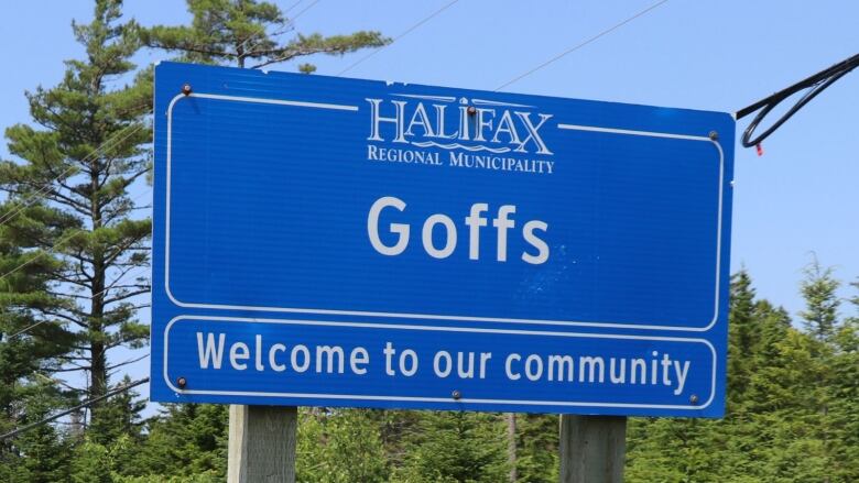 A blue sign that says Goffs Welcome to our Community.