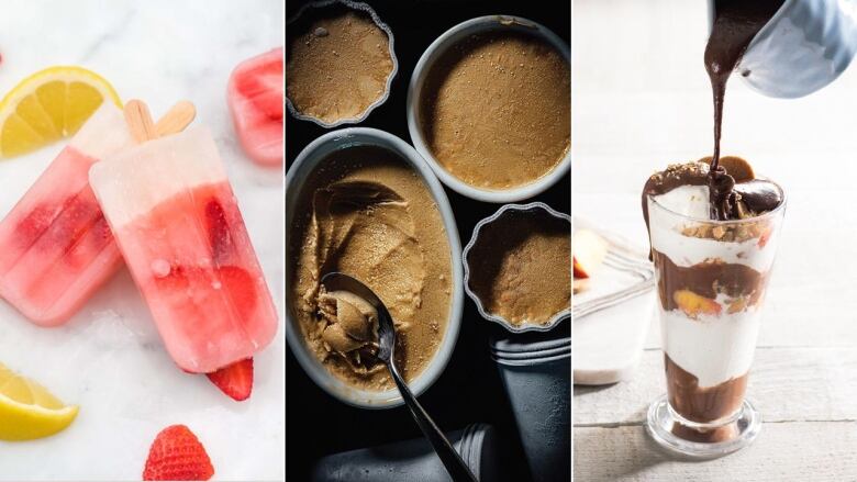 left: overhead shot of 2 pink popsicles with strawberry slices in them. strawberry and orange slices lay next to them on a white marble surface; middle: overhead shot of four grey containers of coffee-flavoured kulfi, with a spoon in one of them; right: Hot fudge being poured from a small blue dish into a sundae in a tall glass with layers of vanilla ice cream, fudge and peaches, sitting on a grey wood surface. 