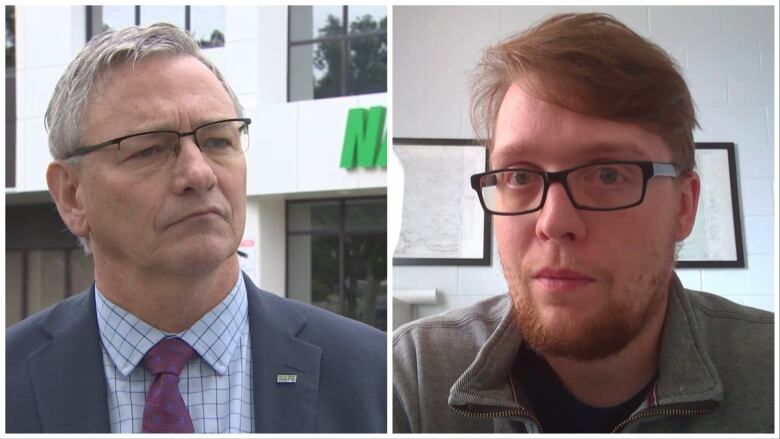 A collage of two photos. On the left, a man wearing a suit stands with a stern look. On the right, a man sits in a home office.