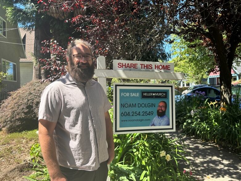 A man with a grey beard and in a button-up, short sleeve grey shirt stands beside a realtor for sale sign. The sign is for realtor Noam Dilgon with his information and has a placard on top reading 