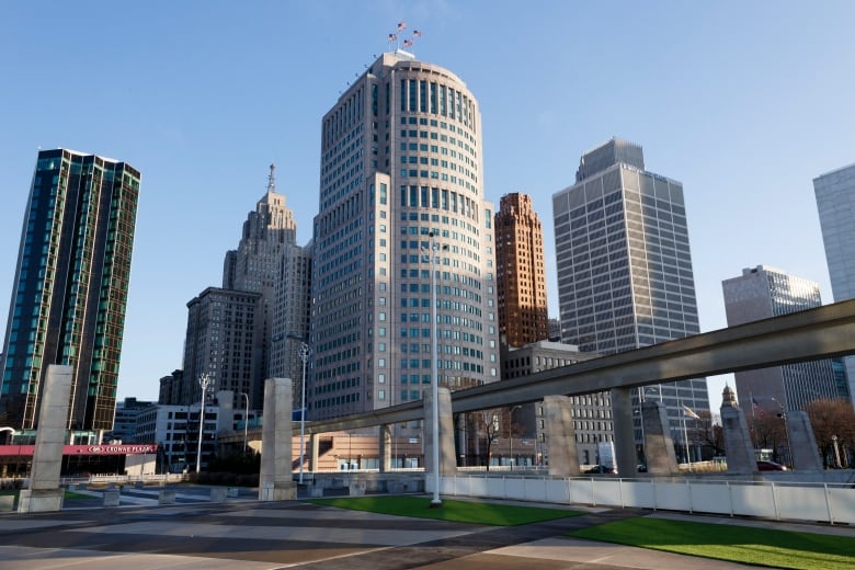 Skyscrapers in Detroit are shown.