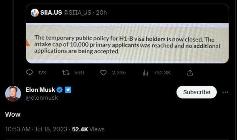 A screenshot of Twitter owner Elon Musk reacting to the news that a Canadian program meant to attract tech workers from the U.S. filled up the day after it opened.