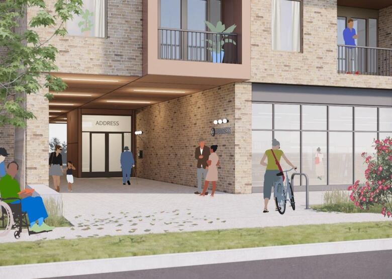 An artist rendering of the main entrance to a proposed low-rise building with a main floor commercial space.