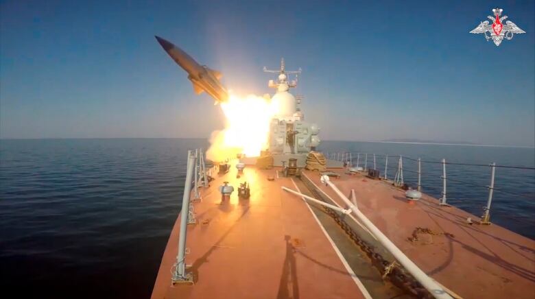 A Russian naval vessel fires a missile.