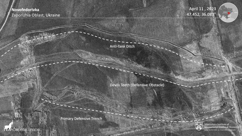 A satellite image showing the system of trenches and obstacles meant to thwart the advance of Ukrainian forces around Novoferovika in Zaporizhzhia district.