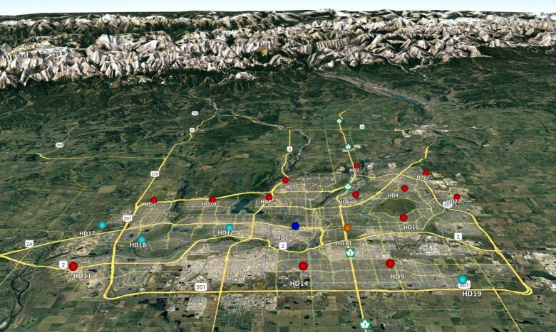 A computer-generated map of Calgary showing dots across the city where weather stations are placed. 