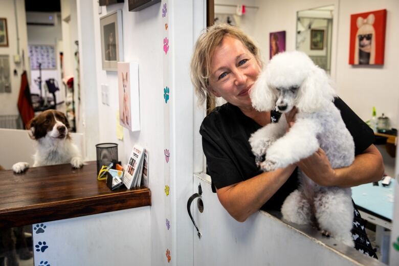 A smiling blonde woman holds a small, white poodle in her arms inside a dog grooming shop. To the left, a second dog with brown and white fur looks on.