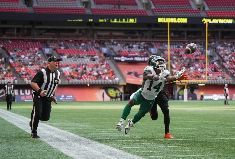 Saskatchewan Roughriders receiver fails to make a catch in a match against the B,C Lions