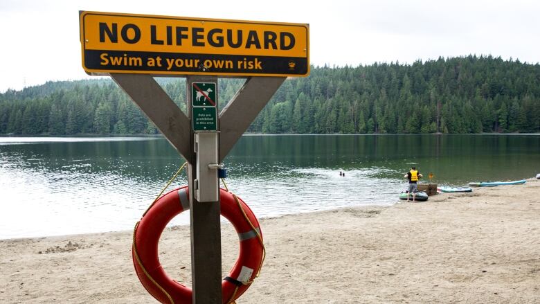 A post in front of Sasamat Lake shore bears a 'No Lifeguard' sign, with 'Swim at your own risk' underneath. A person wearing a yellow life vest is seen on the shore by a boat.