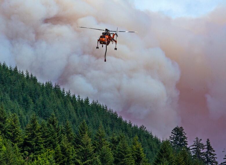 An orange helicopter with a long attachment hanging beneath it flies near a tree-covered hillside that is half hidden in smoke.