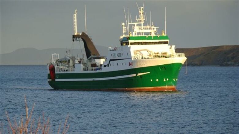 A photo of the shrimp fishing vessel Newfoundland Lynx steaming through coastal waters.