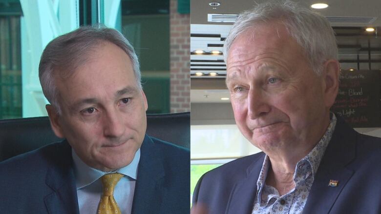 A split screen photo of two men. On the left, a man with grey hair and wearing a blue suit with a yellow tie. On the right, a man with grey hair and a blue suit jacket.