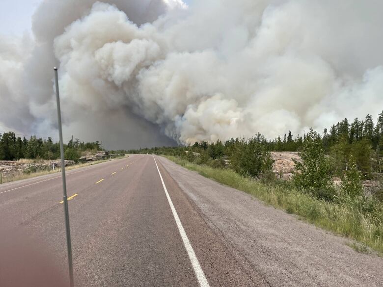 Thick smoke rises above a highway