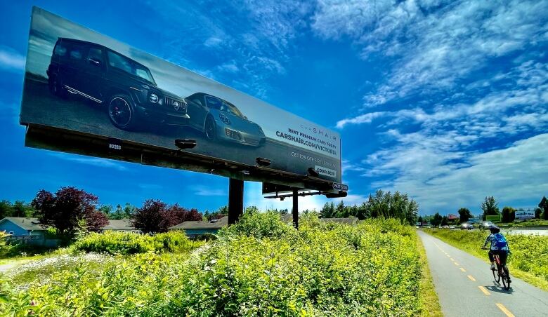 A billboard by the side of a two-lane road surrounded by cultured greenery features two cars and some writing. The wide-angle shot shows a deep blue sky streaked with stratus clouds.