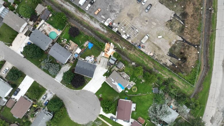 Drone photo of worst damage on Vander Avenue in Blenheim, Ont.