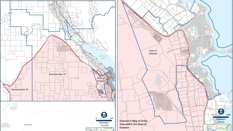 Two vector maps show a large region just above the U.S. border, to the south and west of Osoyoos, highlighted in red.