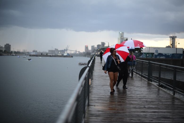 People with red and white umbrellas walk across a pier.