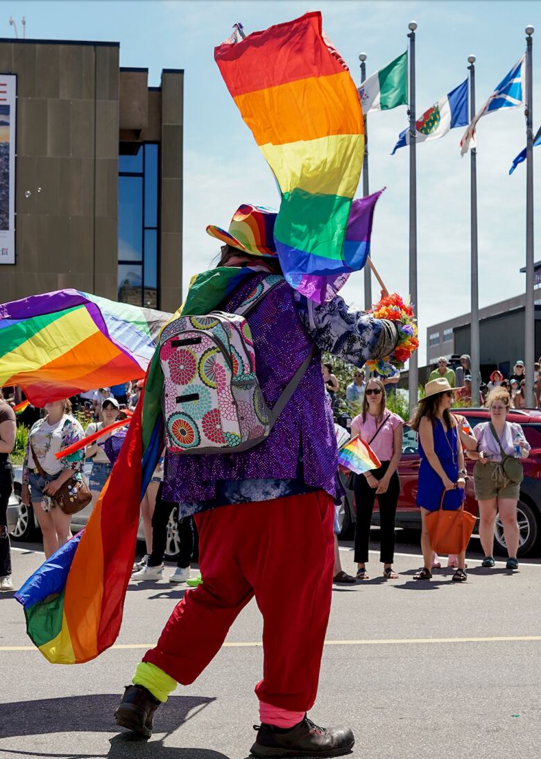 A person with red pants, purple jacket, wearing a pink, purple, blue and green backpack, and rainbow coloured hat and carrying two large Pride flags. Photo taken from the back. 