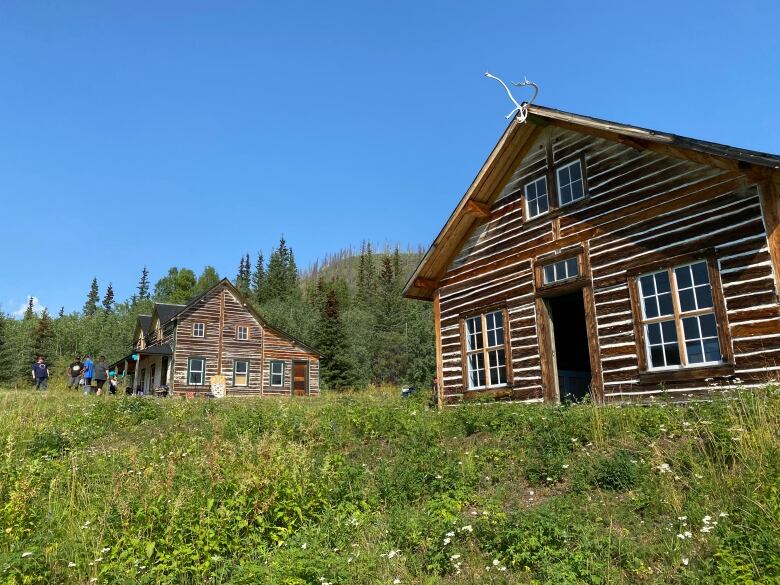 Two old log buildings are seen in a forest clearing.