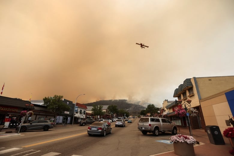 A water bomber soars through smokey skies while below a line of cars snakes through a small town street where baskets of flowers hang from lamposts and business appears to be continuing as usual. 