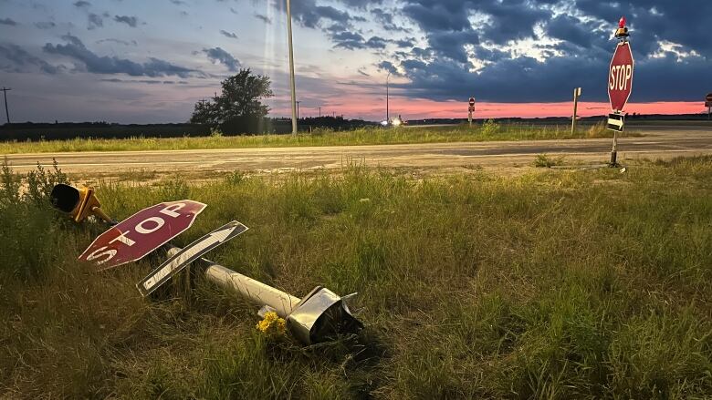 A traffic post is seen lying on the ground next to a highway.