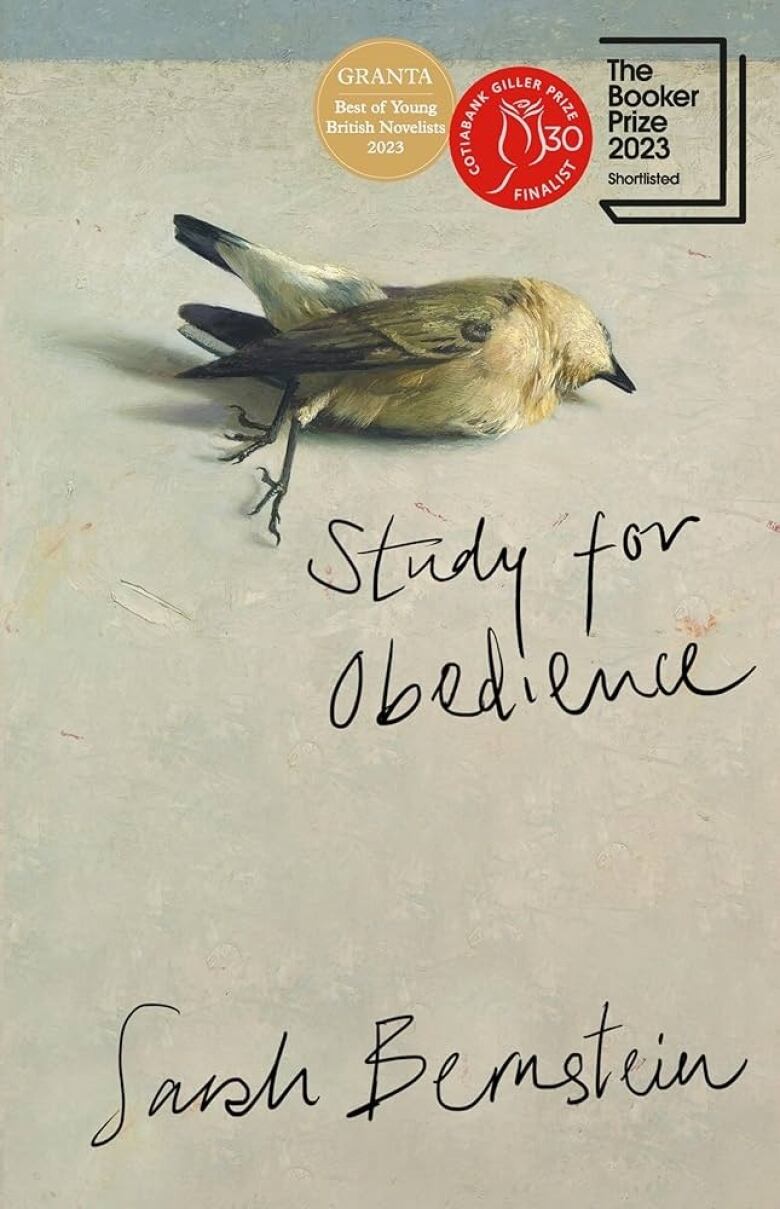 A cream coloured book cover with a dead yellow bird and the words Study for Obedience by Sarah Bernstein written on it.