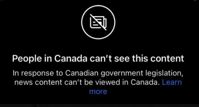 A screengrab from a cellphone of the Instagram App shows a white screen with a camera icon that has a line through it and the message: 'People in Canada cant see this content. In response to Canadian government legislation, news content cant be viewed in Canada.'