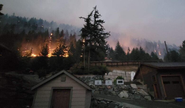 Orange flames glow on the hillside behind several buildings at dusk.