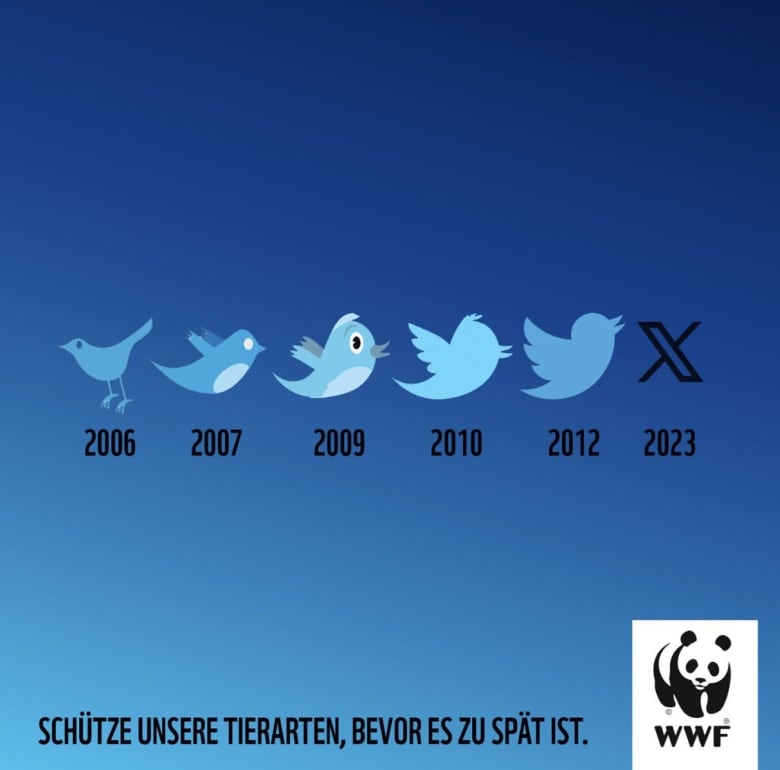 An ad for the World Wildlife Fund that mocks the evolution of the Twitter logo to the X logo.