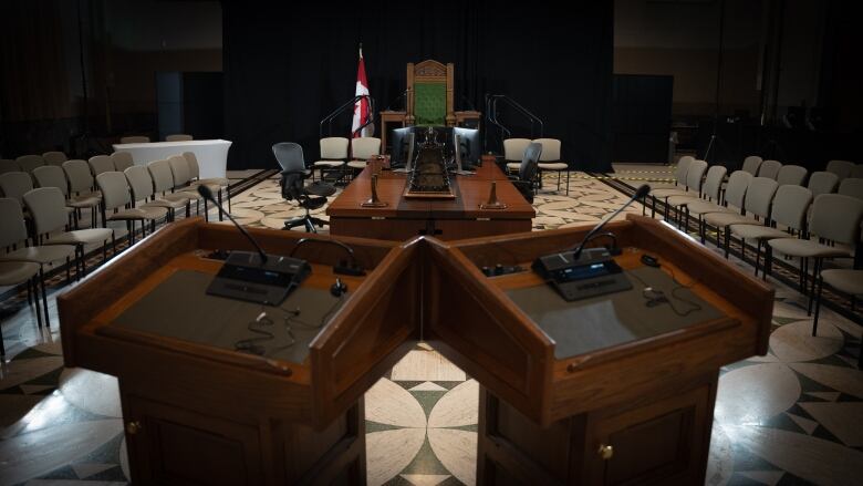 Two podiums with microphones are place in the aisle of a makeshift House of Commons in the Sir John A. MacDonal building in Ottawa.