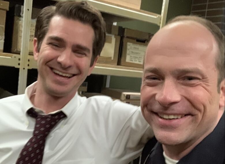 Jerod Blake, right, is a Calgary-based actor who's been featured in movies and television series like Under the Banner of Heaven, starring Andrew Garfield, left.