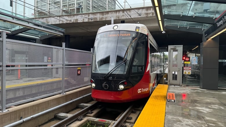 A light rail train entering the station. 