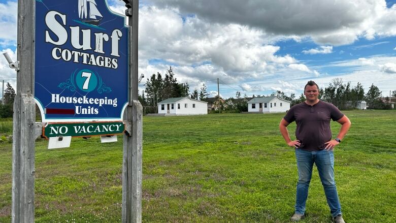 Steven Jackson standing in front of the sign for his business called Surf Cottages. He's the owner and manager.