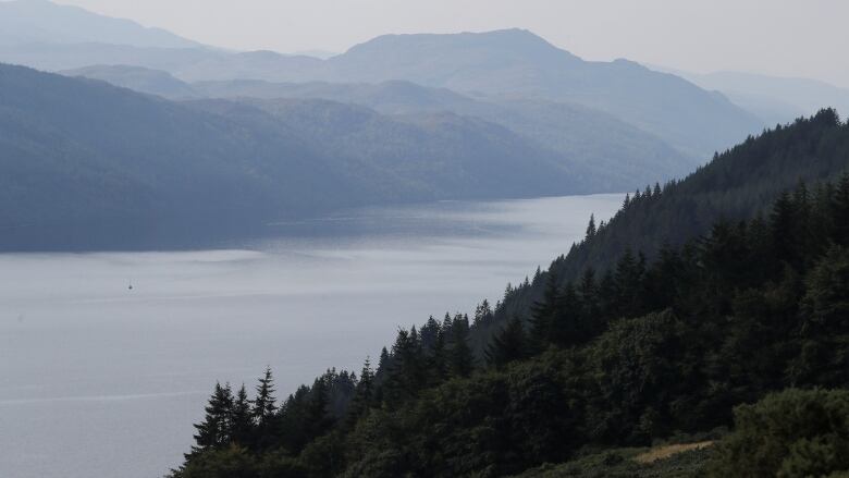 Over a hill of trees sits a lake. Past the water are more hills which appear hazy in the distance.