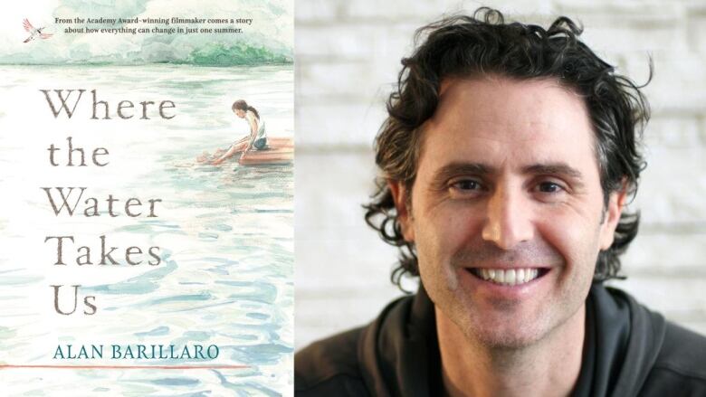 On the left, a book cover shows a young girl with her feet in the water looking into a lake. On the right, a man with curly hair smiles into the camera.