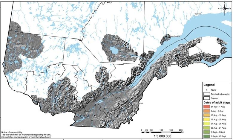 A map showing the brown marmorated stink bug's dates of peak occurrence in Quebec between 1981 and 2010.