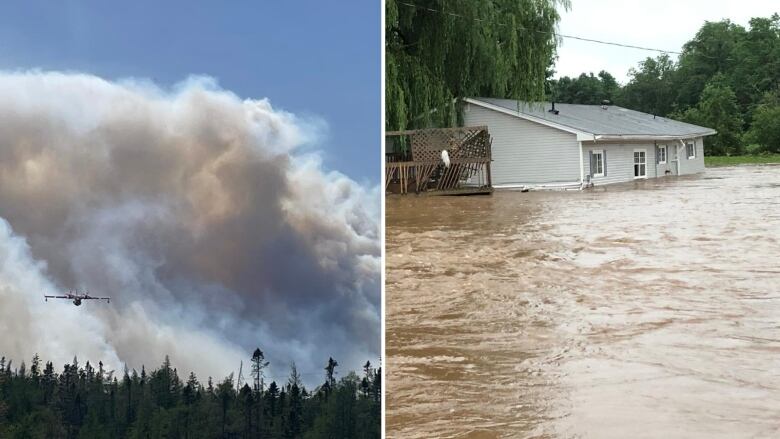 In this collage photo, the left image shows an aircraft flying over a wildfire in Shelburne County, N.S. The right image shows a house and separated deck in the floodwaters of Windsor, N.S.