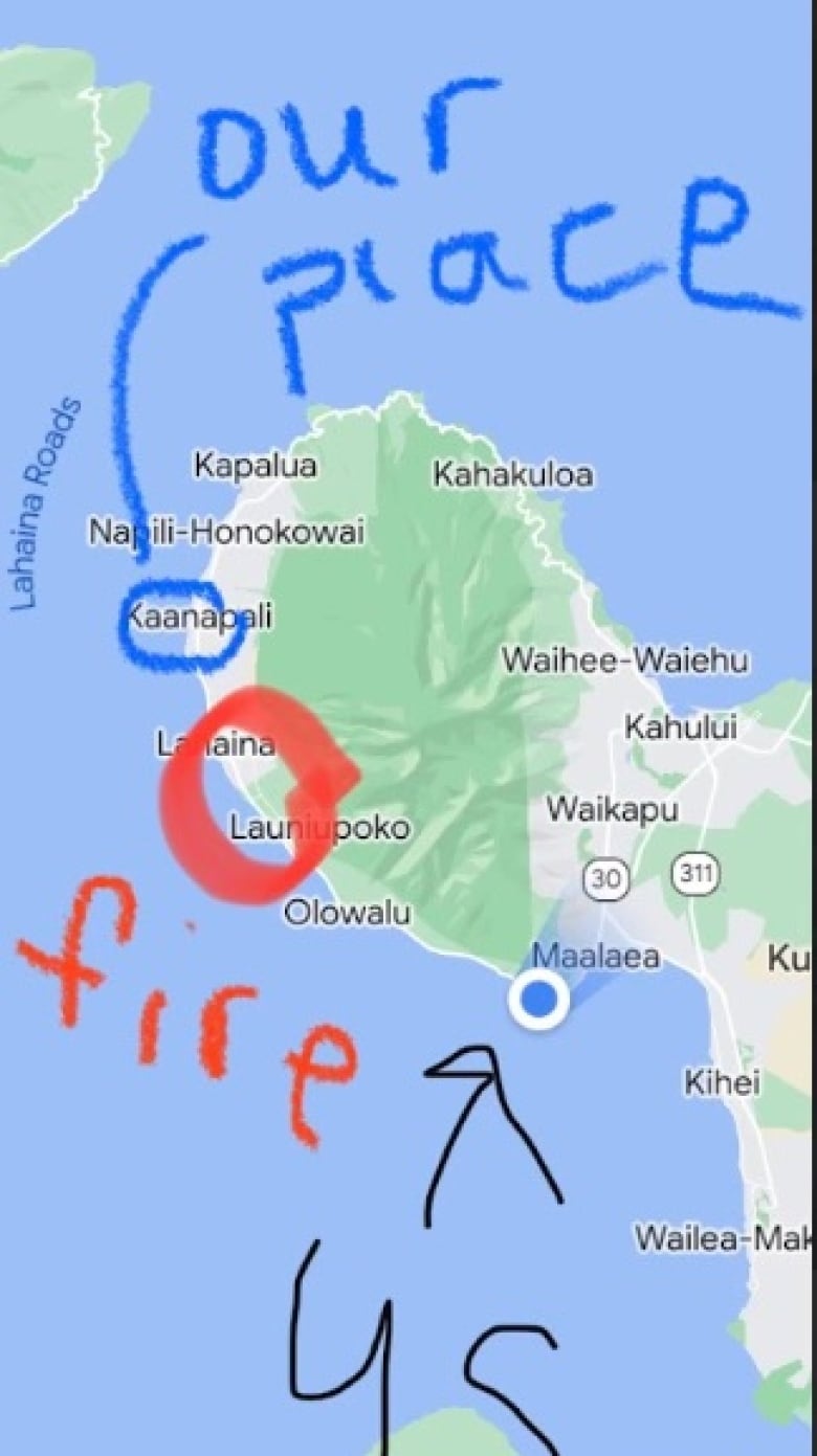 A rough map showing the Lahaina fire in Maui.