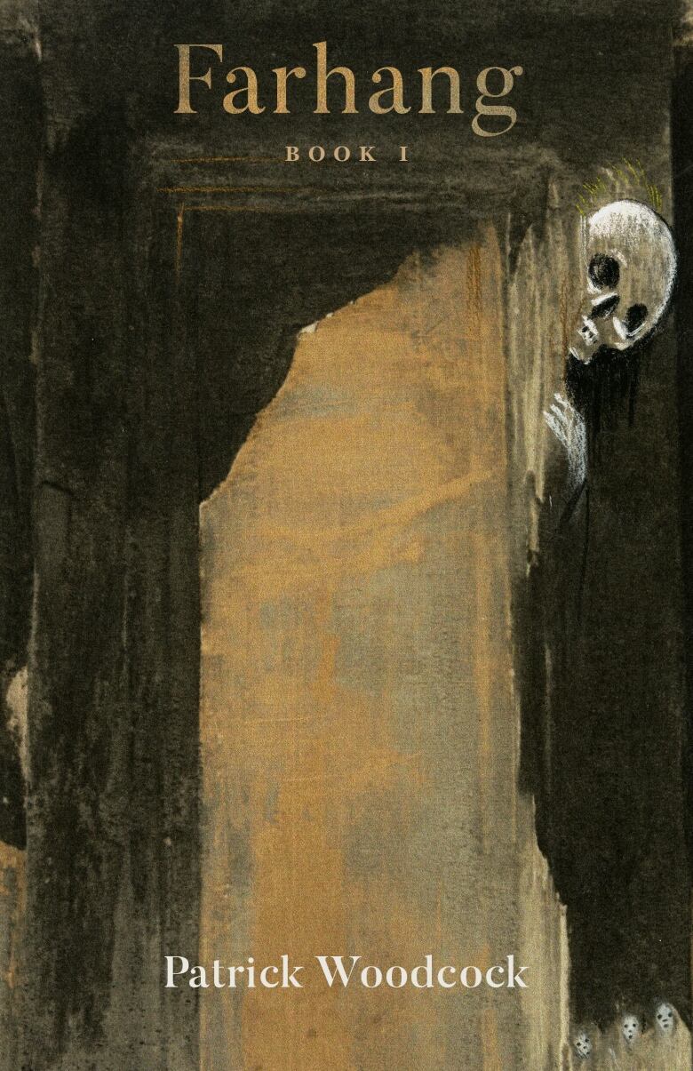 Farhang by Patrick Woodcock. Illustrated book cover of a skeleton covered in a large brown cloth.