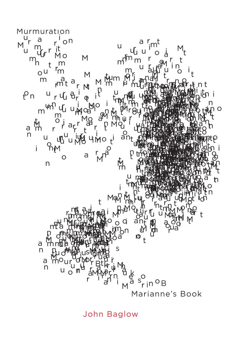 Murmuration by John Baglow. Book cover of a scattering of black letters that resemble a murmation.