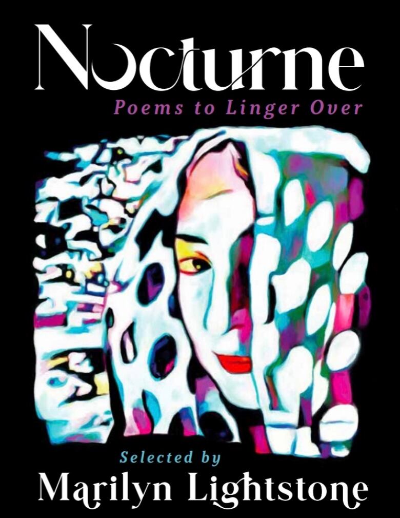 Nocturne by Marilyn Lightstone. Illustrated book cover of half of a woman's face with abstract shapes and colours.