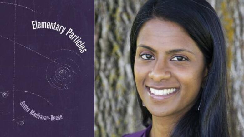 Elementary Particles by Sneha Madhavan-Reese. Book cover with a faint white spiral in the middle of a dark blue background. Portrait of a Indian female poet.