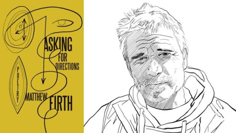 Asking for Directions by Matthew Firth. Illustrated book cover with yellow background and abstract black scribbles. Illustrated portrait of a male poet.