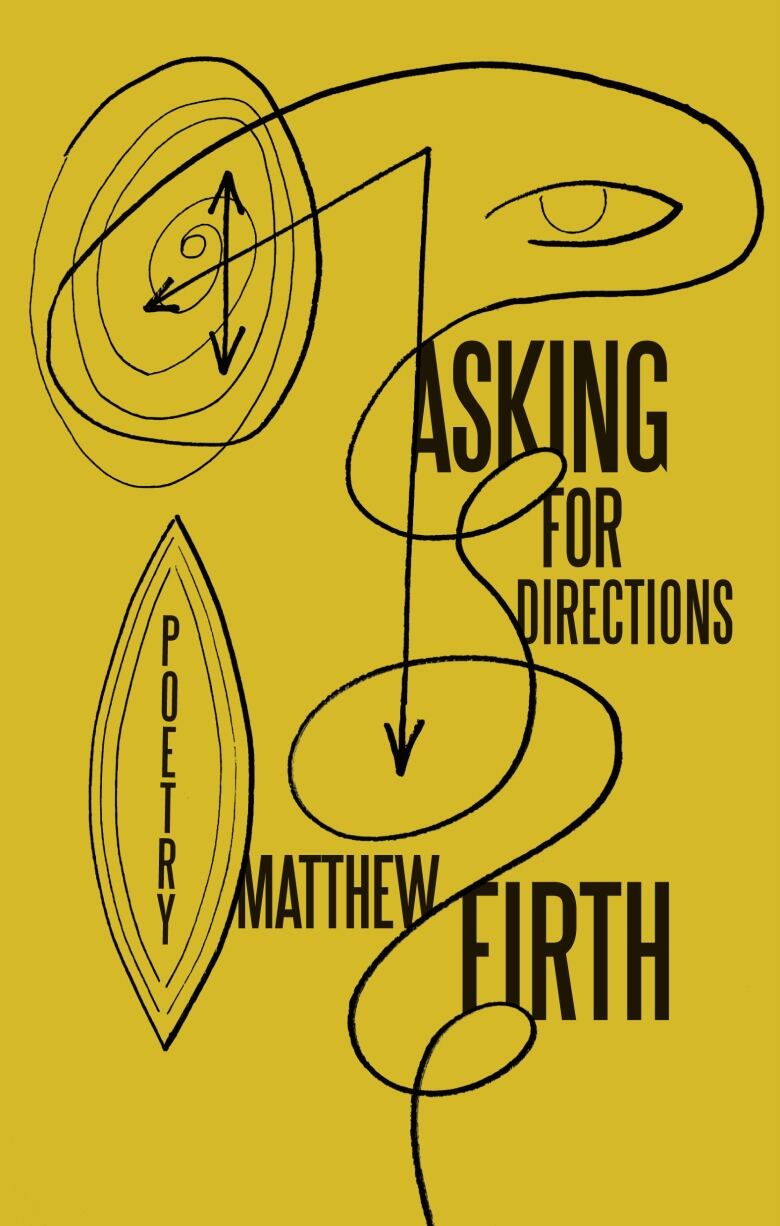 Asking for Directions by Matthew Firth. Illustrated book cover with yellow background and abstract black scribbles.