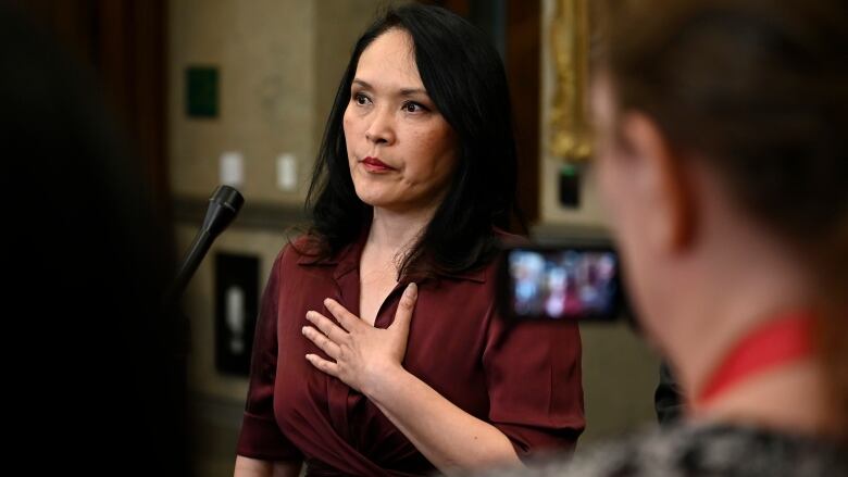 NDP MP Jenny Kwan speaks to reporters about her briefing with CSIS where they confirmed that she was a target of foreign interference, in the Foyer of the House of Commons on Parliament Hill in Ottawa on May 29, 2023. Kwan is urging the Liberal government to launch a foreign agent registry as soon as possible.