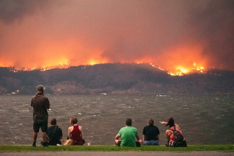 People are pictured seated on grass watching a wildfire burn from across a lake.