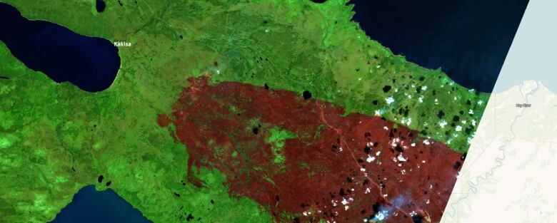 Sat imagery shows burn area between Hay River and Kakisa.